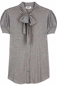 Gray cashmere blend jersey blouse with a pussy bow tie.