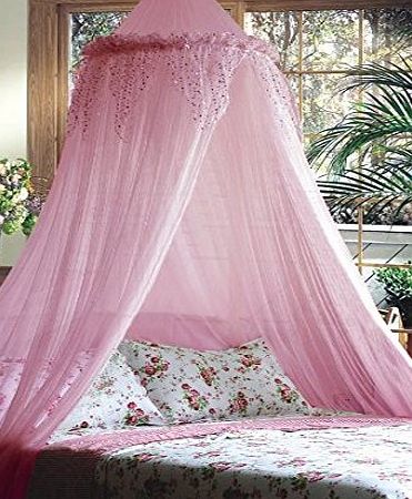 Mosquito Nets 4 U Bed Canopy with Silver Sequined Valance, Pink