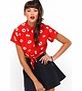 Motel Rocks Motel Penny Tie Front Crop Shirt in Red Daisy