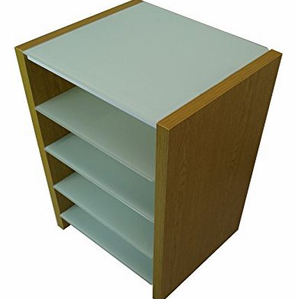 Mountright Oak End Console Table, Media Unit and Hi-Fi Stand with 5 Glass Shelves (Medium Oak - White Glass)