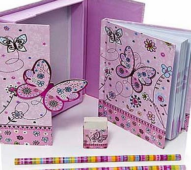 Mousehouse Gifts Pretty Pink Butterfly Boxed Notebook amp; Stationery Gift Set with Matching Pencils amp; Rubber - Medium Size