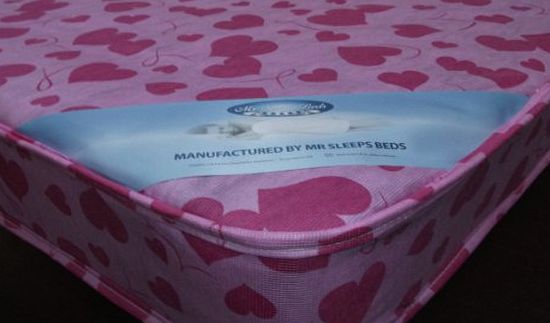 MR SLEEPS BEDS LIMITED 3FT SINGLE LOVEHEART BUDGET MATTRESS WIDTH 3FT (90cm) - LENGTH 6FT3 (190cm) (approx size) PINK LOVEHEART FABRIC AS IN PHOTO