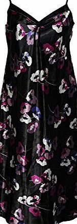 MS Ladies Famous Make Long Satin Chemise Nightdress. Black With Purple And Ivory Poppy Design. Sizes 8 10 12 14 16 18 20 22 (14)