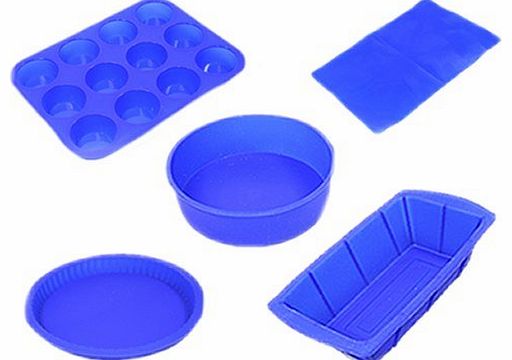 Silicone Bakeware Set 5pcs - Blue + Get FREE Heart Trolly Coin Keyring (Round Pie / Flan Dish, Round Pan, Baking Mat, Loaf Pan, 12-Cup Muffin Pan)