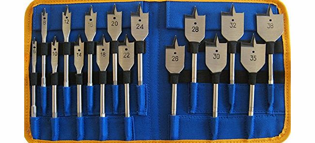 MTL Brand 16pc Flat Bit Set for wood: 6/8/10/12/14/16/18/20/22/24/26/28/30/32/35/38mm