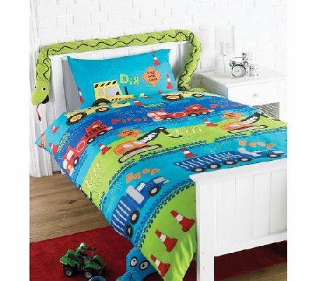 MTS Childrens Boys Girls Single Size Bed Duvet Quilt Cover Pillow Case Bedding Set 6 Designs Cupcakes, Dog/Cat, Hearts, Monster, Transport, Road Works (Road Works)