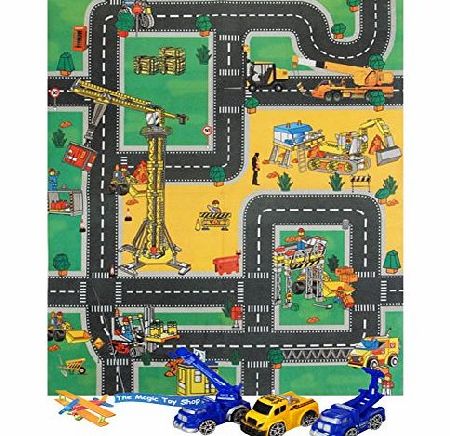 MTS Kids Childrens Large Car Road Playmat Felt Mat Toy amp; 3 Cars Vehicles Play Set (Construction Site Playmat amp; 3 Vehicles)
