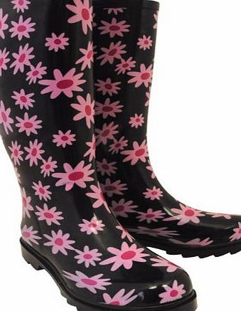 Mud Rocks Ladies Mud Rocks Black Flower Wellington Boots Size Shoes