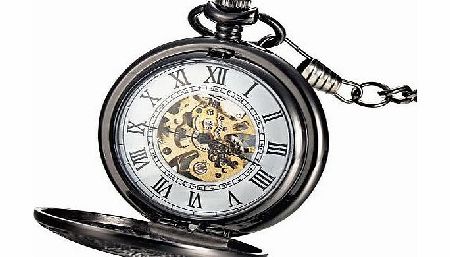 Mudder Classic Steampunk Roman Dial Mechanical Skeleton Steel Mens Black Windup Pocket Watch