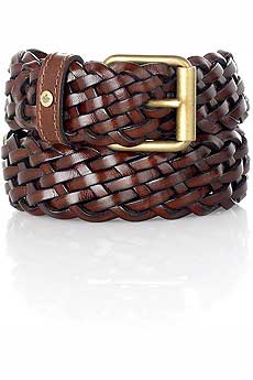Wood brown plaited leather belt with buckle to fasten.