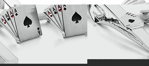 MunkiMix Rhodium Plated Cufflinks amp; Necktie Tie Clip Bar Set Silver Poker Cards Cufflinks Size 2.5`` Men