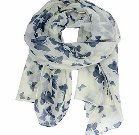180*100cm Fashion All-match Womens Girls Butterfly Printed Long Soft Voile Scarf Muffler Shawl Wrap (White)