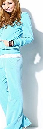 Museya Autumn Winter Soft Velvet Long Sleeve Zippered Womens Casual Sport Hoodie Coat Sweatpants Set - Size L (Sky-blue)