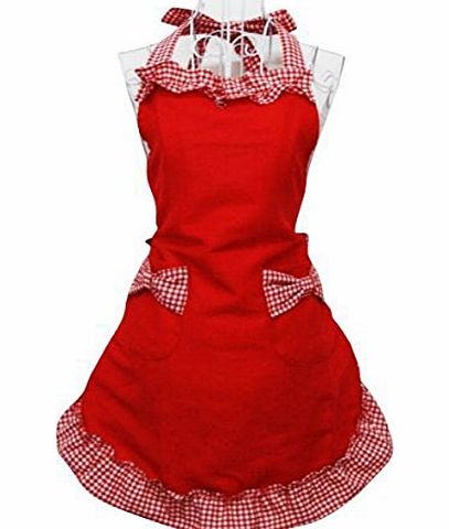 Cute Princess Style Grid Pattern Kitchen Cooking Baking Apron Women Ladies Apron with 2 Bowknot Pockets (Red)