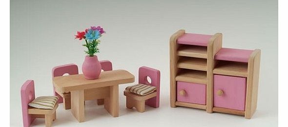 Musuntas Dolls House Furniture Pink Wooden Dining Room Set 1/12th Scale
