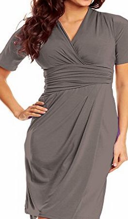 MY EVENING DRESS Knee Length Wrap Jersey Dress Ladies short sleeves v-neck smart casual Business Office Dresses Cross over Womens Grey 10