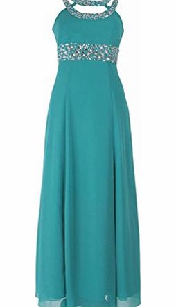 MY EVENING DRESS Long Chiffon Evening Dress Cocktail Gown Empire Rhinestones Turquoise Size 16