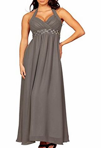 MY EVENING DRESS Long Elegant Halter Neck Evening Dress Empire Formal Gown Maxi Dresses halterneck For Ladies Womens Grey Size 22