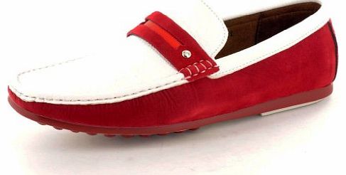 My Perfect Pair Mens Red / White Leather look Casual Loafers Slip on Moccasins / Driving Shoes ( Size 9)