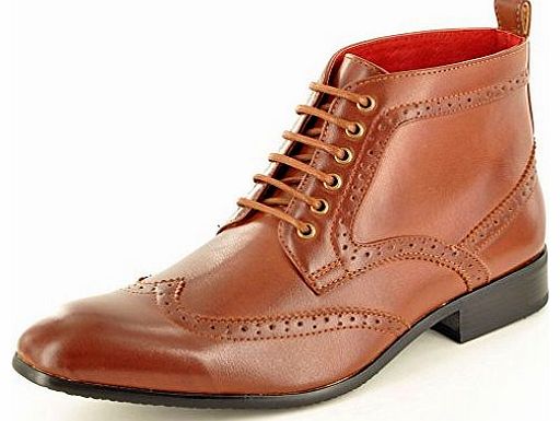 My Perfect Pair Mens Tan Italian Style Leather Lined Lace Up Round Toe Brogue Ankle Boots ( Size 8)