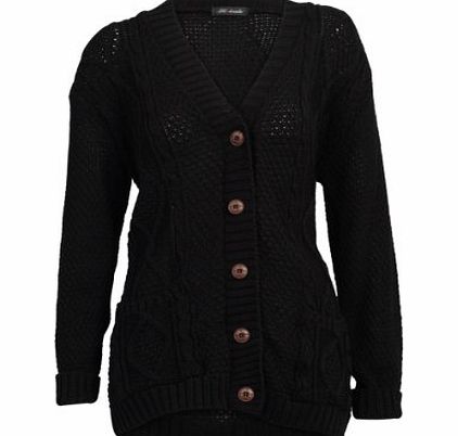 My1stWish 52I Womens Black Casual Chunky Knitted Aran Button Up Ladies Cardigan Size 12/14