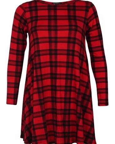 6N Womens Red Black Tartan Print Ladies Long Sleeve Check Swing Dress Size 12/14
