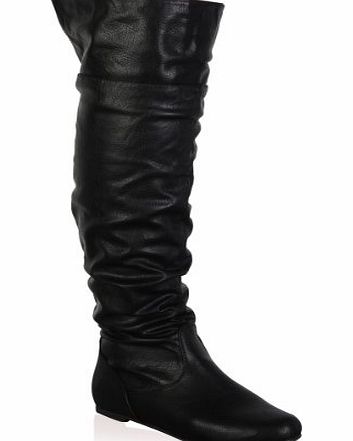 97U Womens Black Faux Leather Slouch Ladies Riding Flat Over The Knee High Long Boots Shoes Size 6