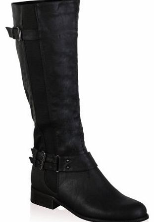 98I Womens Black Faux Leather Buckle Ladies Flat Knee High Long Winter Riding Boots Shoes Size 4