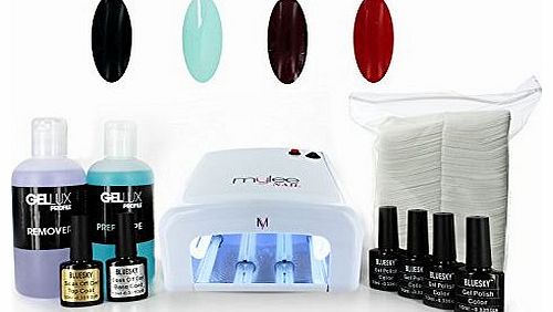 Mylee Nail Gel Polish Kit 4 Shellac Bluesky Colours Top Base Coat UV Lamp Starter Kit Gellux prep   wipe remover 40518/40521/50437/A47
