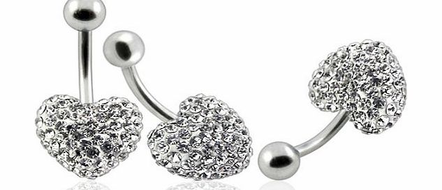 BELLY Heart metal Cap Clear :surgical steelSwarovski crystals belly bar (Special Silicon enamel coated for stones protection) - naval ring titanium grade 23 Nickel free bar length 12mm - hand made wit