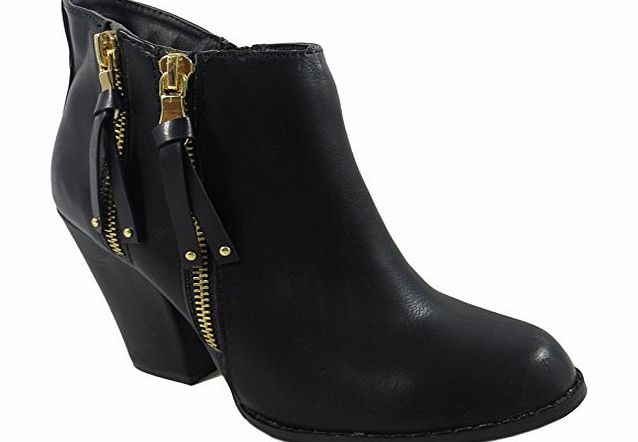 MYSHOESTORE LADIES WOMENS ANKLE WIDE BOOTS CHELSEA BIKER BLOCK LOW HEEL GOLD ZIP SHOES SIZE (UK 6 / EU 39 / US 8, Brown)