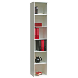 (R) Tall Narrow 5 Shelf White Bookcase from