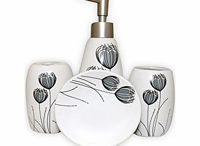 NAIK Bathroom Accessory Set - Soap Dish Dispenser Tumbler Toothbrush Holder 4pc (white with heart flower)
