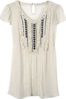 Ivory frilly capped sleeve blouse with black bead embellished bib.