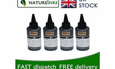 Natureinks Jetplay 400ml universal bulk refill ink bottles consist of 4 x Black 100ml bottles. Suitable for any type of refillable or CISS system. High Quality ink dye based by Natureinks Limited.