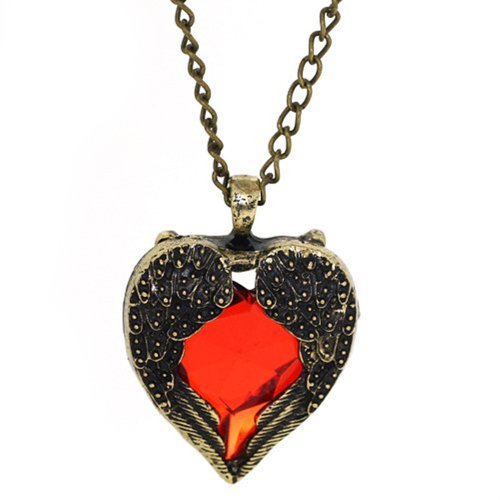 Retro Bronze Chain Red Heart Vintage Palace Pendant Angel Wings (RED)