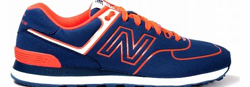 New Balance 574 Blue/Neon Orange Suede Trainers