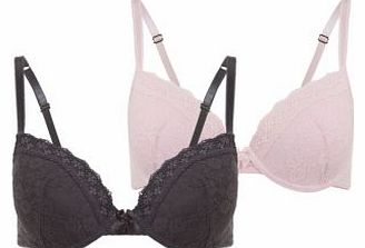 New Look 2 Pack Pink and Grey Lace Trim T-Shirt Bras