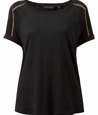 New Look Black Beaded Trim Roll Sleeve T-Shirt 3206456