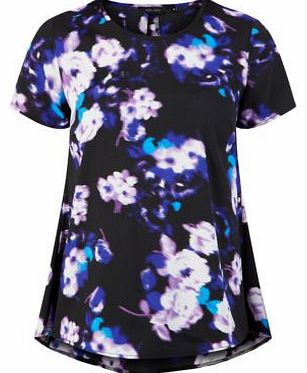 New Look Black Blurry Floral Print Longline T-Shirt 3230422