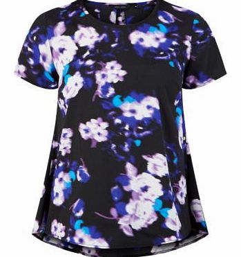 Black Blurry Floral Print Longline T-Shirt 3230428