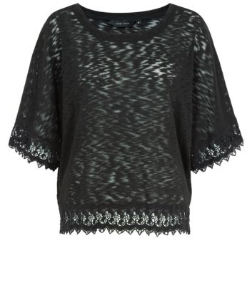 New Look Black Fine Knit Crochet Hem T-Shirt 3193624