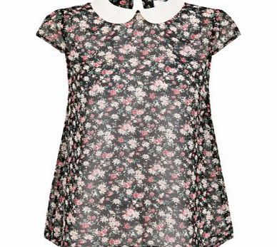 New Look Black Floral Contrast Peter Pan Collar Blouse