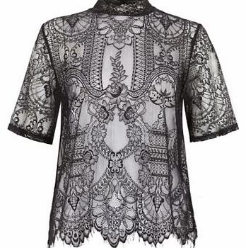 New Look Black High Neck Baroque Lace Mesh T-Shirt 3213427