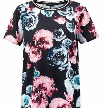New Look Black Ribbed Neck Rose Print T-Shirt 3227883