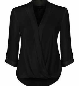 Black Wrap Front Turn Up Sleeve Blouse 3305731