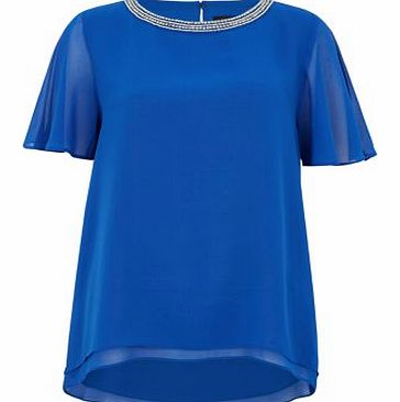 New Look Blue Embellished Neck Drape Sleeve Blouse 3252973