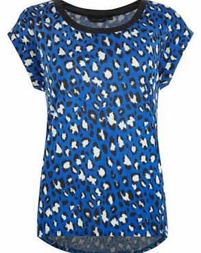 New Look Blue Leather-Look Trim Animal Print T-Shirt