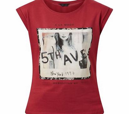 New Look Burgundy Polaroid Girl Roll Sleeve T-Shirt 3360399