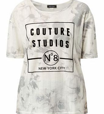 New Look Cream Ribbed Flock Floral Print Couture T-Shirt